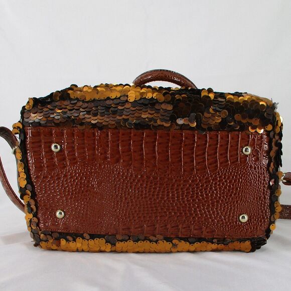 Copper Autumn Brown Sequin Top Handle Shoulder Strap Tote Purse Duffel Bag - Picture 6 of 8